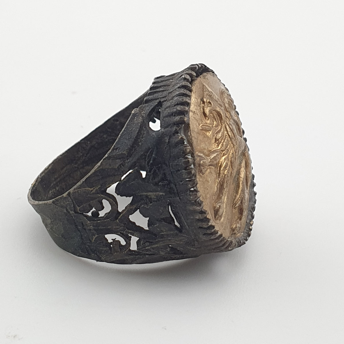 Ancient Brass Ring with Mythical Lion Engraving Rustic Statement Jewellery