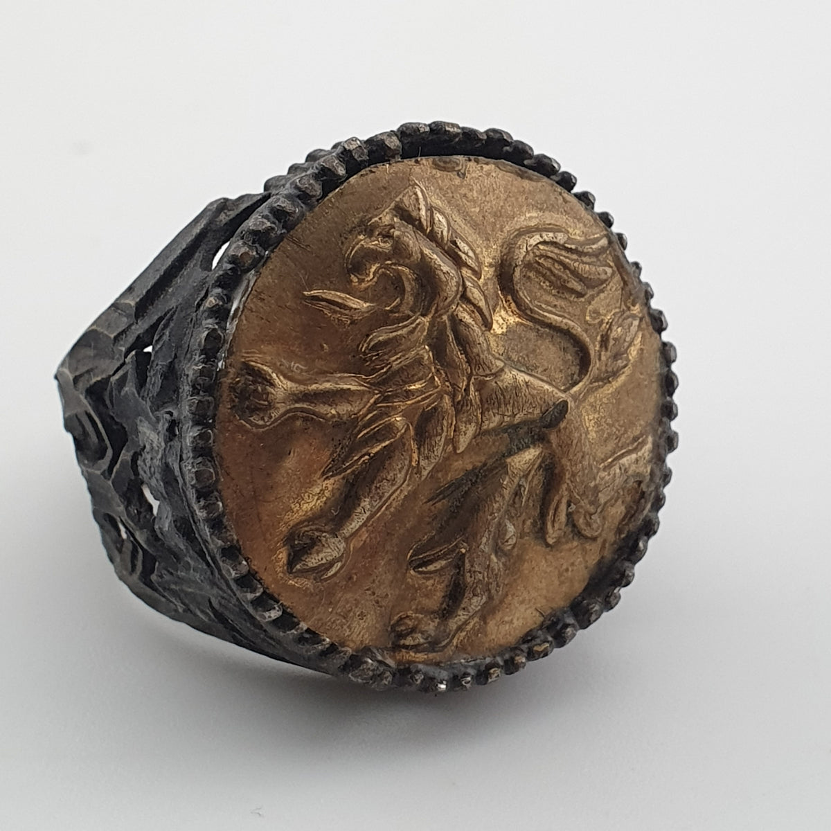 Ancient Brass Ring with Mythical Lion Engraving Rustic Statement Jewellery