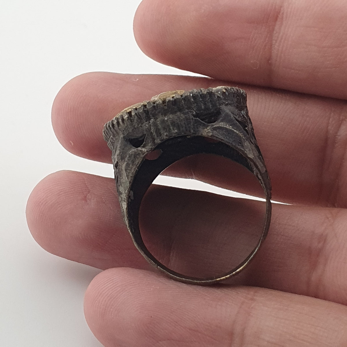 Ancient Brass Ring with Mythical Lion Engraving Rustic Statement Jewellery