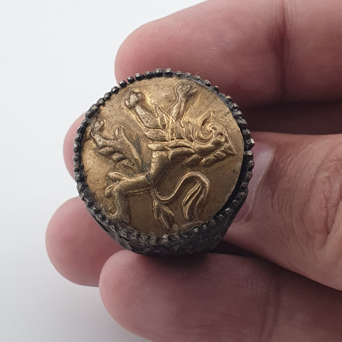 Ancient Brass Ring with Mythical Lion Engraving Rustic Statement Jewellery