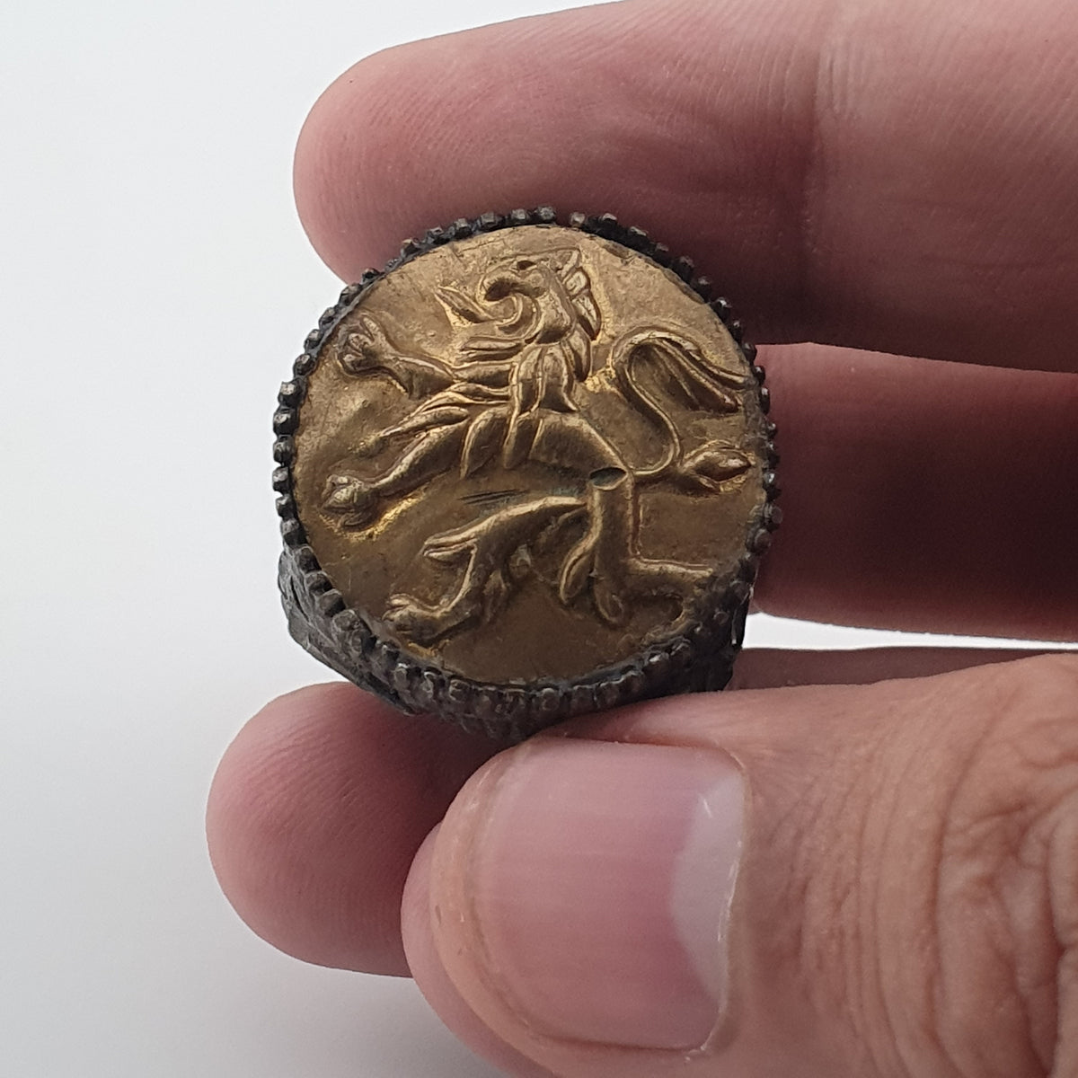 Ancient Brass Ring with Mythical Lion Engraving Rustic Statement Jewellery