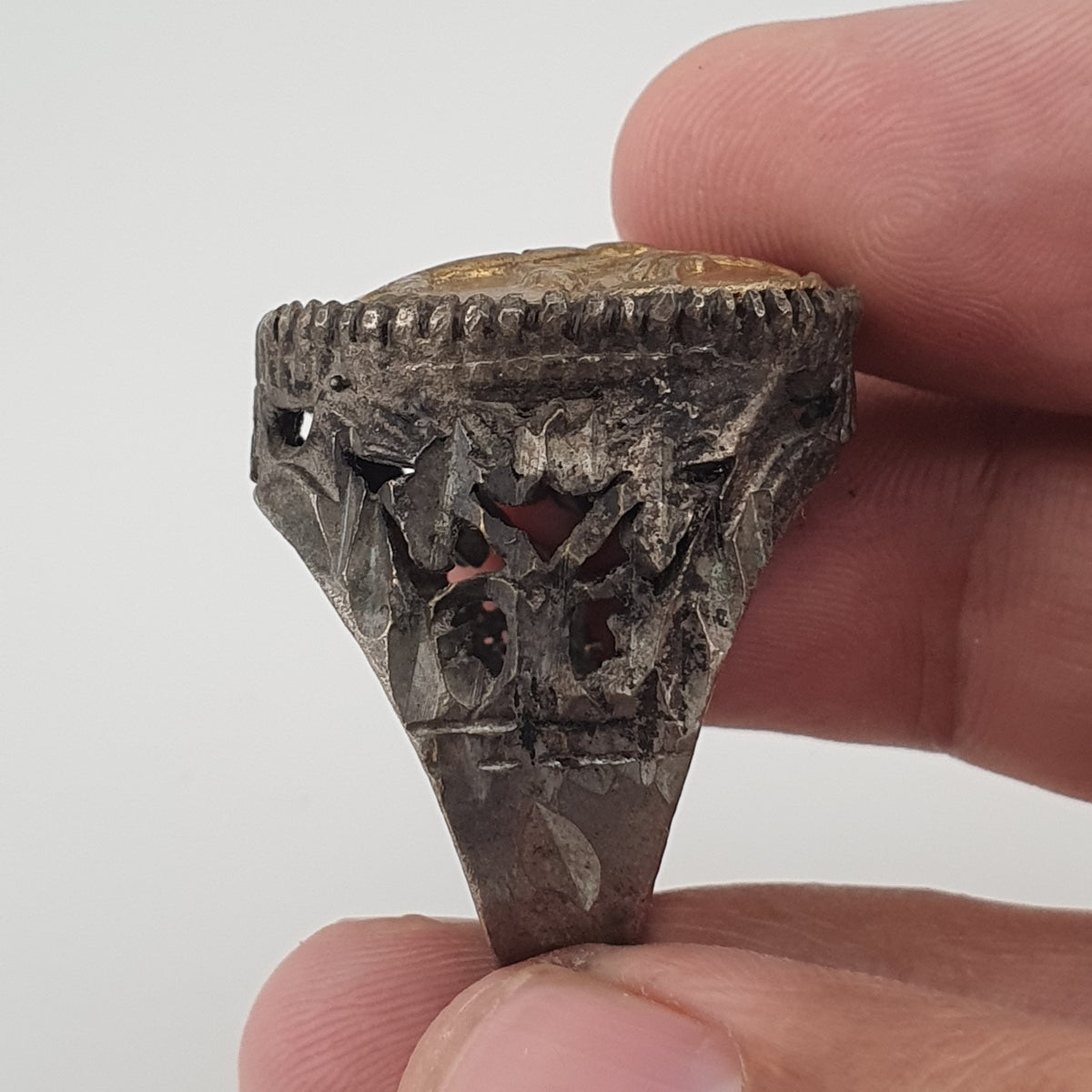 Ancient Brass Ring with Mythical Lion Engraving Rustic Statement Jewellery