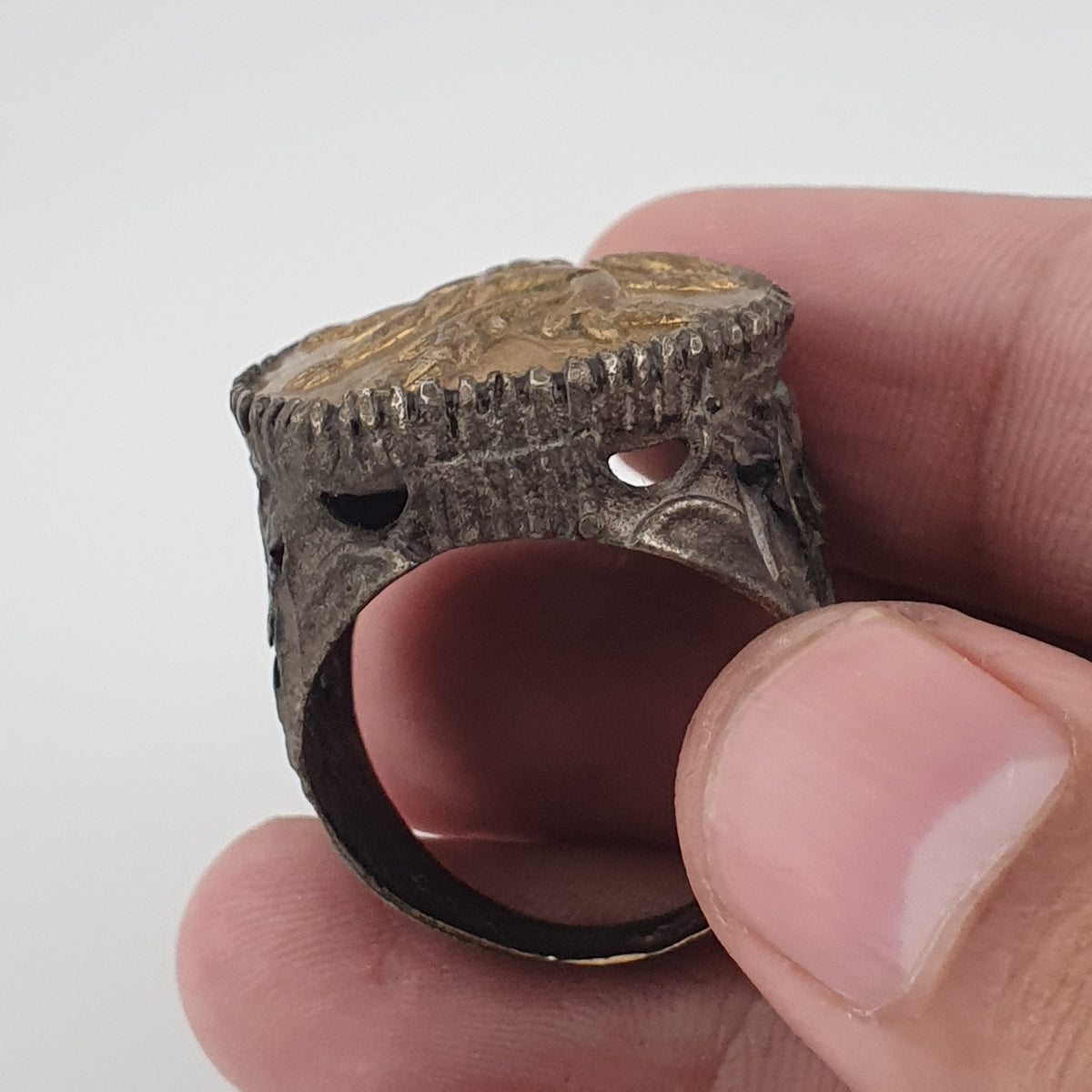 Ancient Brass Ring with Mythical Lion Engraving Rustic Statement Jewellery
