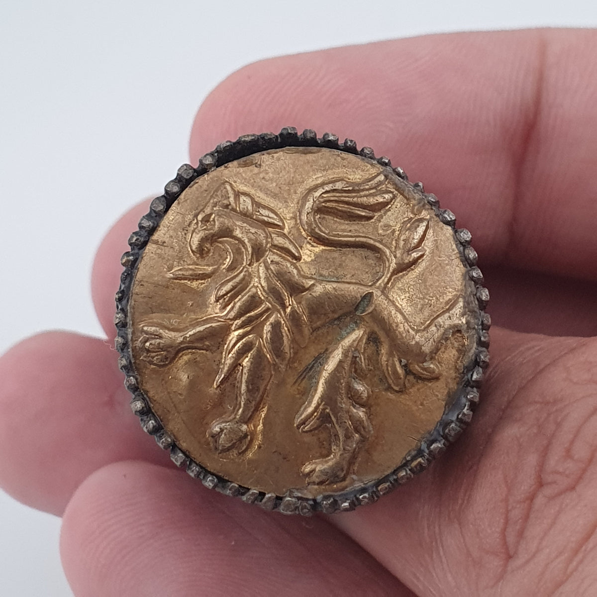 Ancient Brass Ring with Mythical Lion Engraving Rustic Statement Jewellery
