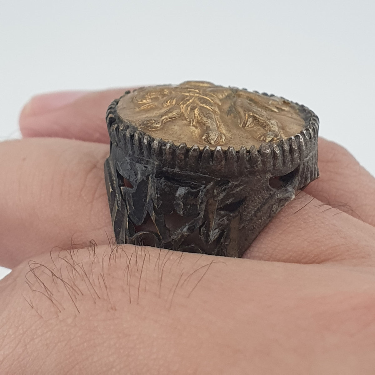 Ancient Brass Ring with Mythical Lion Engraving Rustic Statement Jewellery