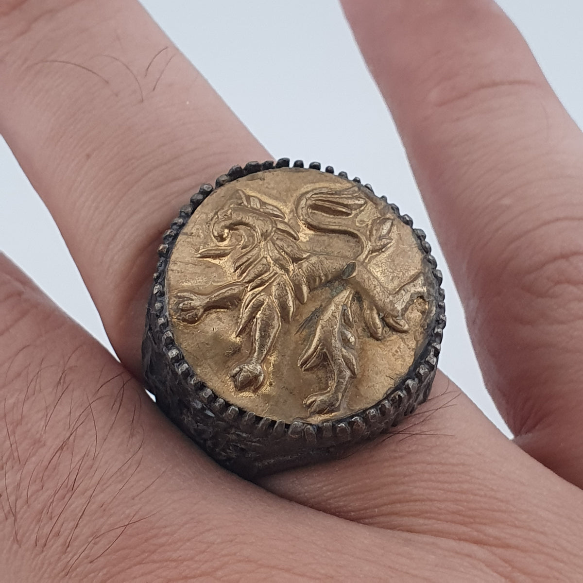 Ancient Brass Ring with Mythical Lion Engraving Rustic Statement Jewellery