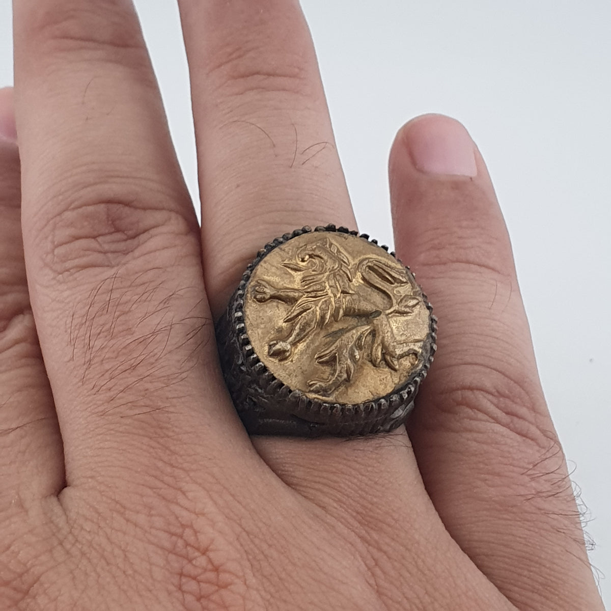 Ancient Brass Ring with Mythical Lion Engraving Rustic Statement Jewellery