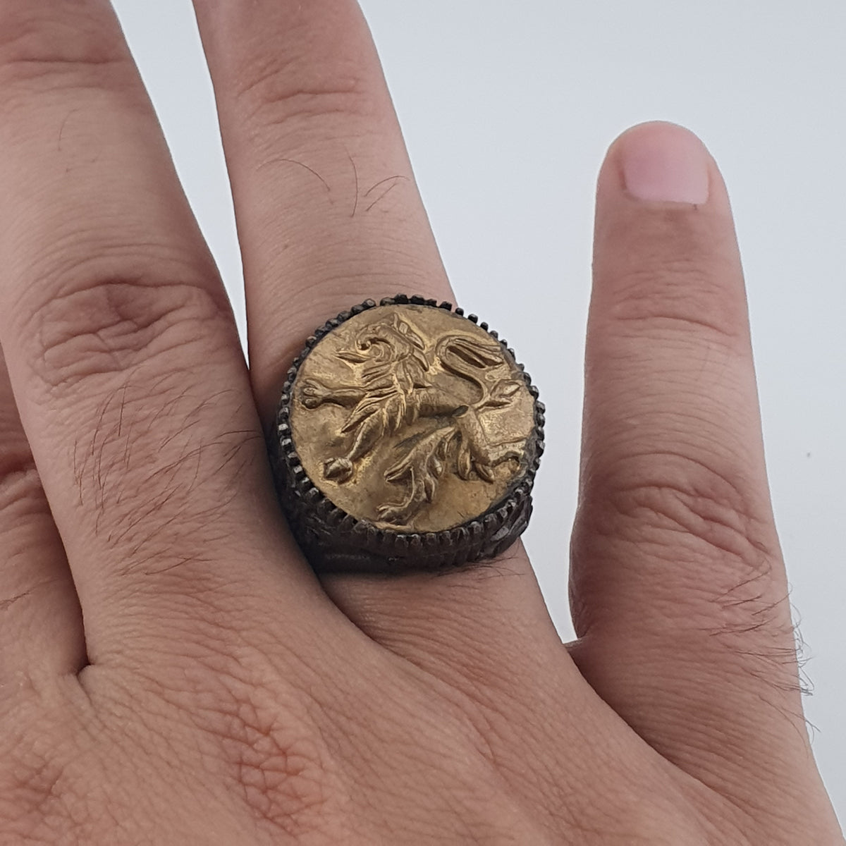 Ancient Brass Ring with Mythical Lion Engraving Rustic Statement Jewellery