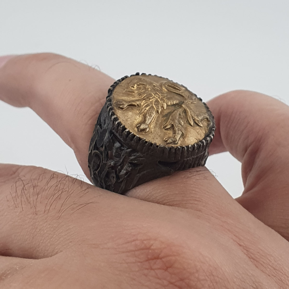 Ancient Brass Ring with Mythical Lion Engraving Rustic Statement Jewellery