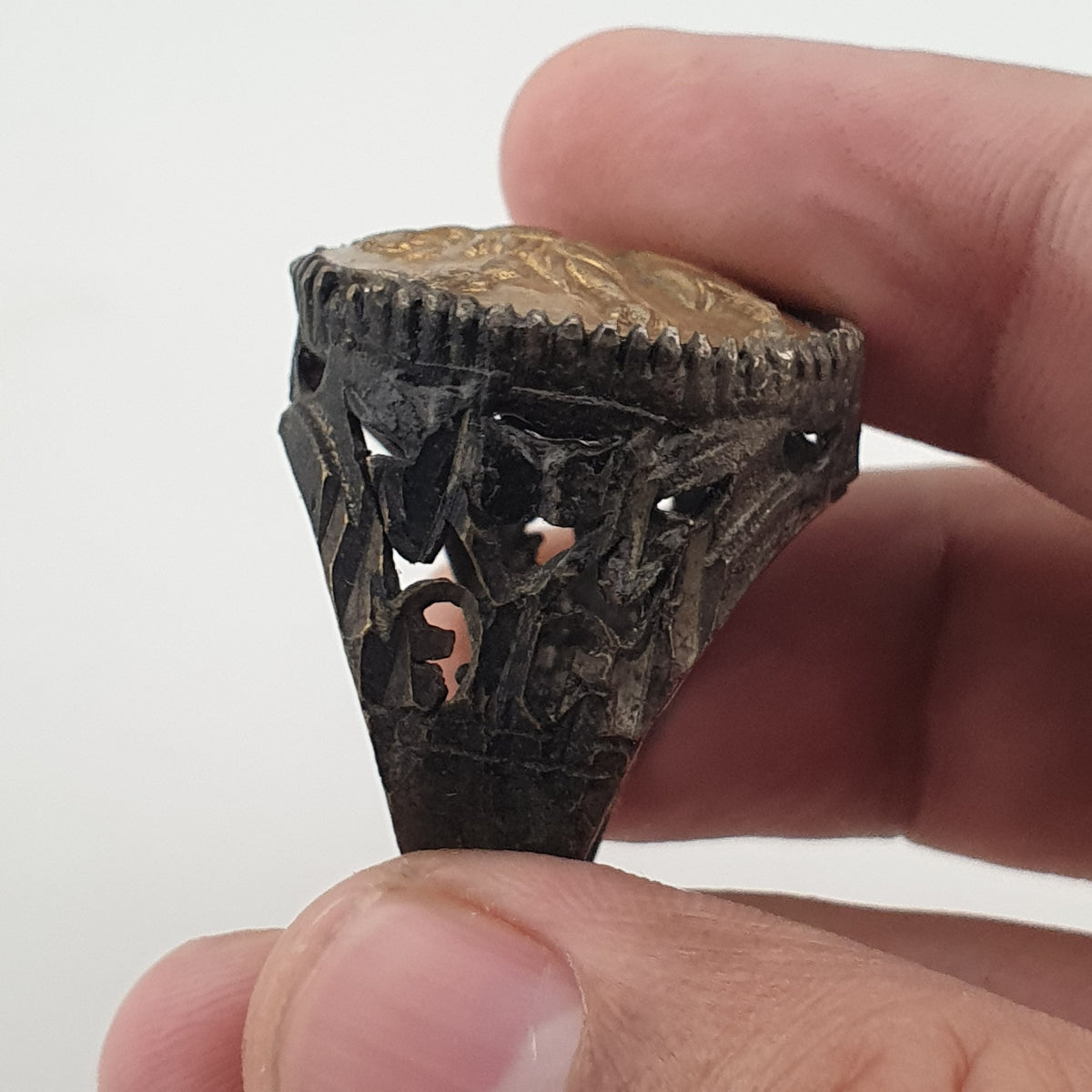 Ancient Brass Ring with Mythical Lion Engraving Rustic Statement Jewellery