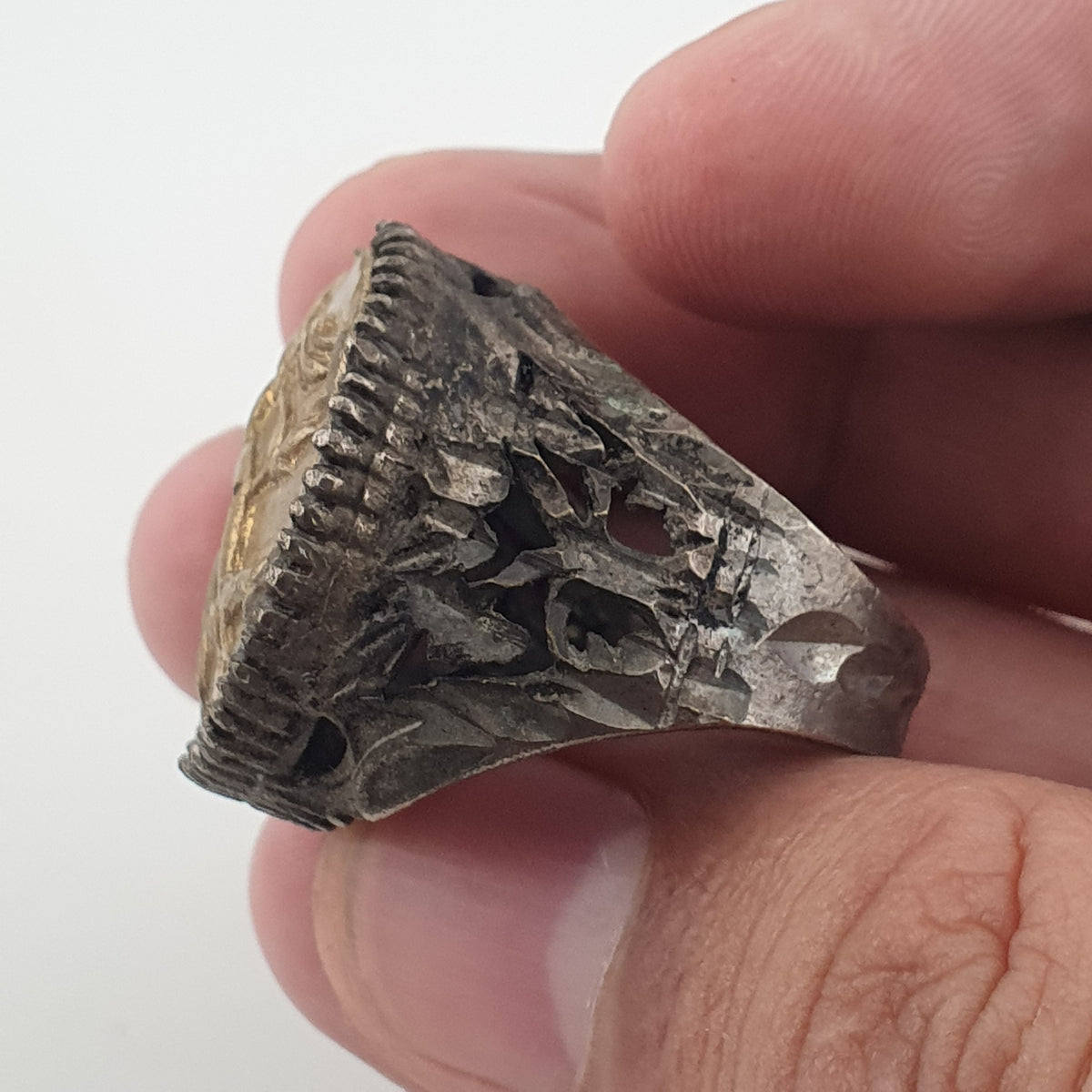 Ancient Brass Ring with Mythical Lion Engraving Rustic Statement Jewellery