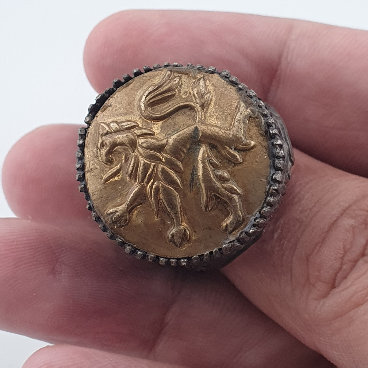 Ancient Brass Ring with Mythical Lion Engraving Rustic Statement Jewellery