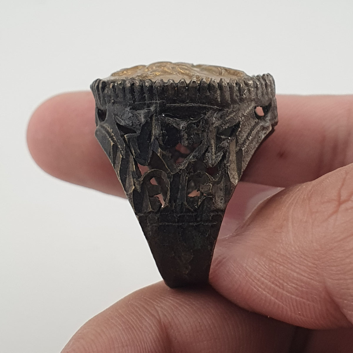 Ancient Brass Ring with Mythical Lion Engraving Rustic Statement Jewellery