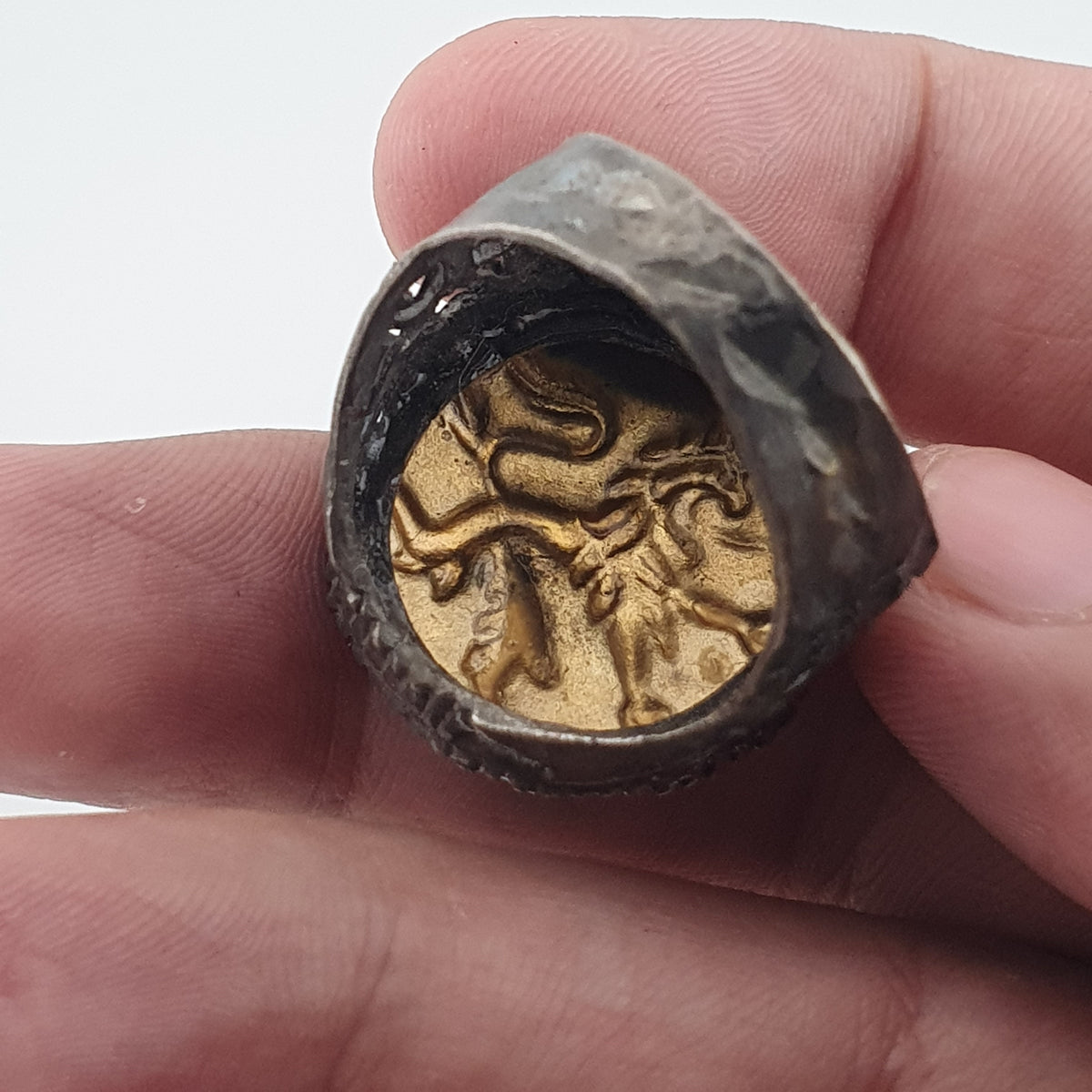 Ancient Brass Ring with Mythical Lion Engraving Rustic Statement Jewellery
