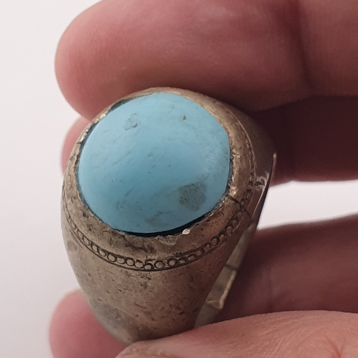 Antique Style Chunky Brass Ring featuring a Large Turquoise Colour Howlite Stone