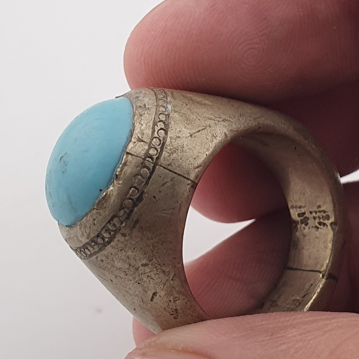 Antique Style Chunky Brass Ring featuring a Large Turquoise Colour Howlite Stone