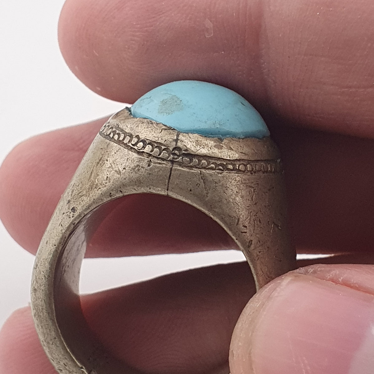Antique Style Chunky Brass Ring featuring a Large Turquoise Colour Howlite Stone