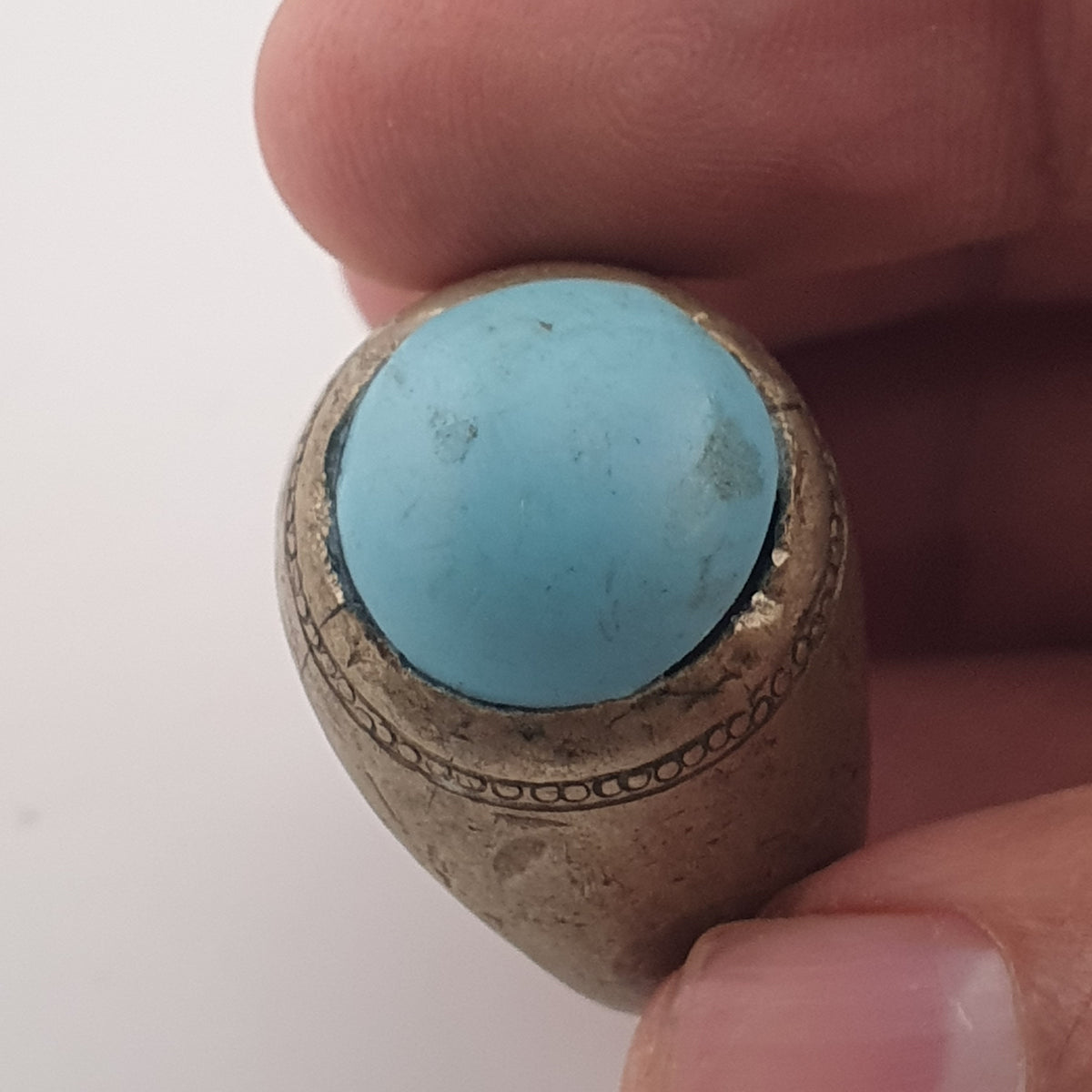 Antique Style Chunky Brass Ring featuring a Large Turquoise Colour Howlite Stone