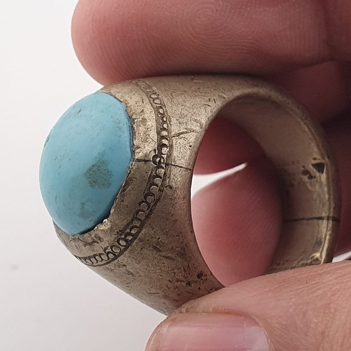 Antique Style Chunky Brass Ring featuring a Large Turquoise Colour Howlite Stone