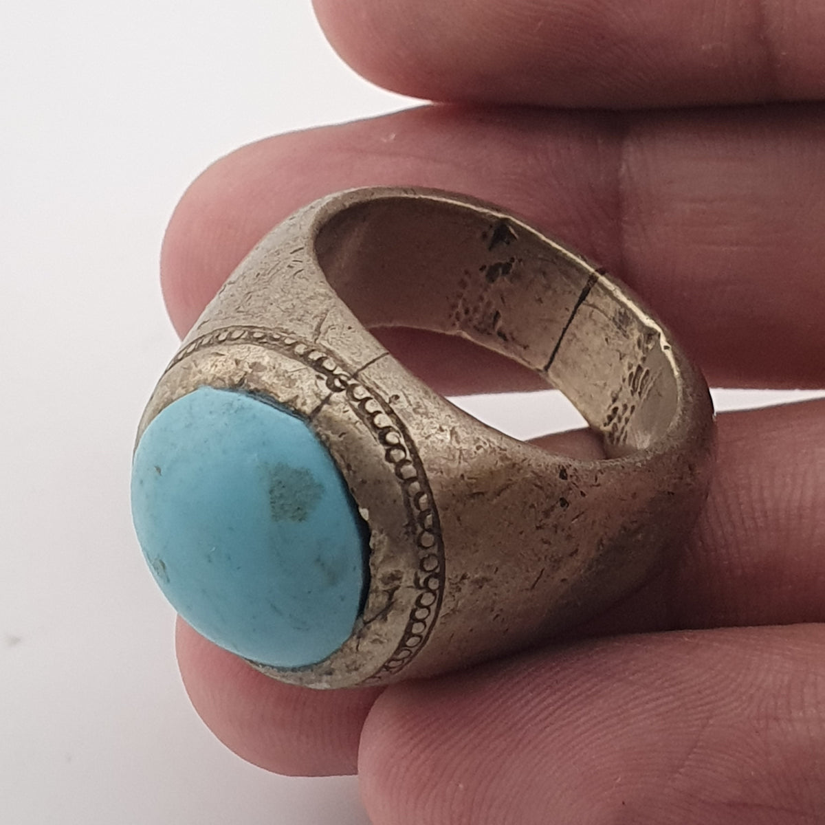 Antique Style Chunky Brass Ring featuring a Large Turquoise Colour Howlite Stone