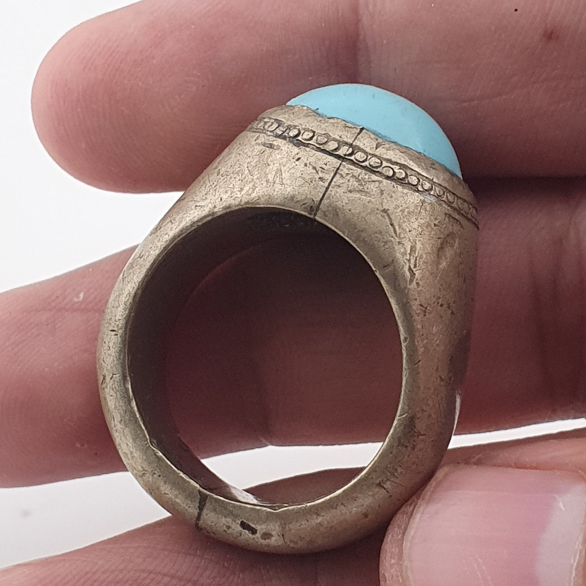 Antique Style Chunky Brass Ring featuring a Large Turquoise Colour Howlite Stone