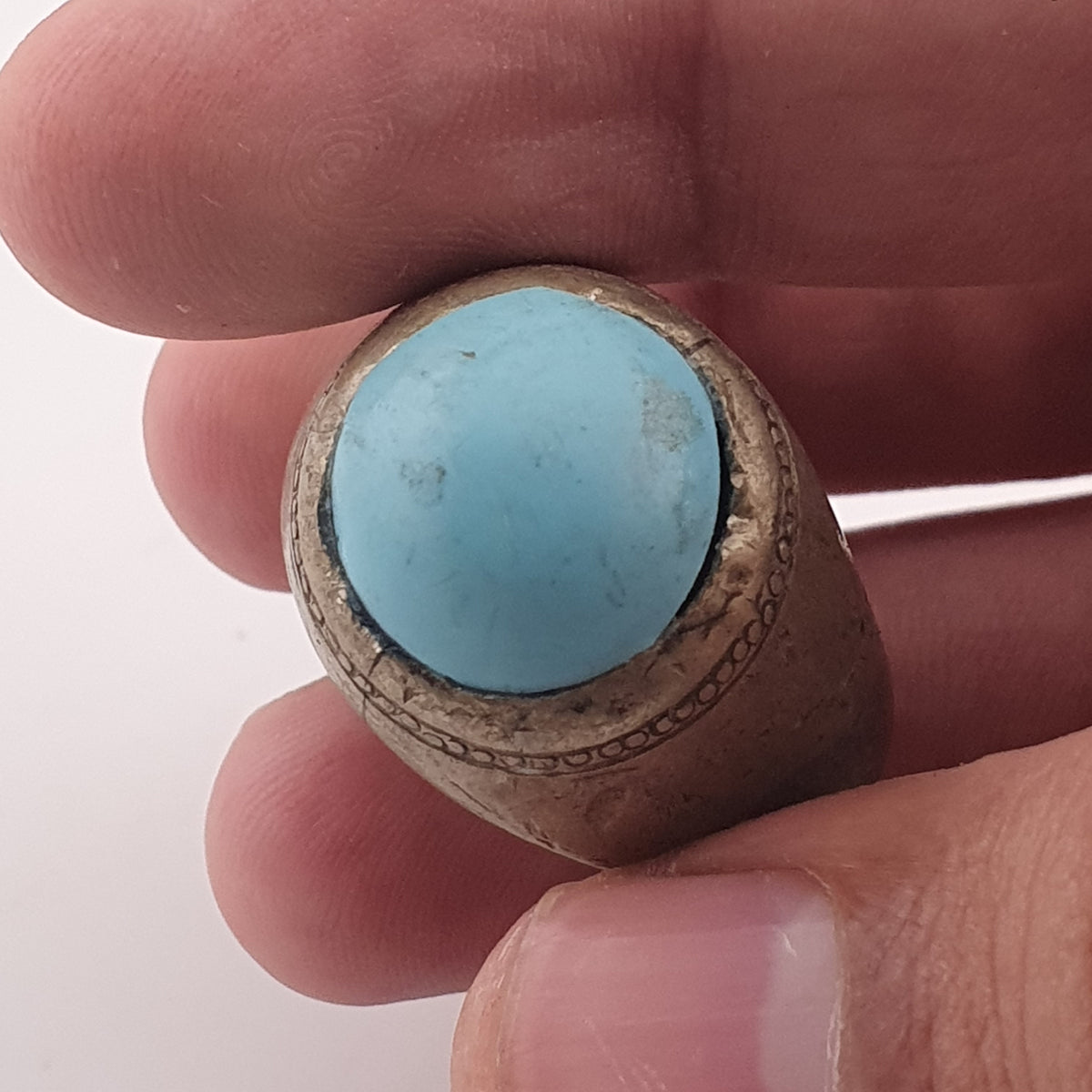 Antique Style Chunky Brass Ring featuring a Large Turquoise Colour Howlite Stone