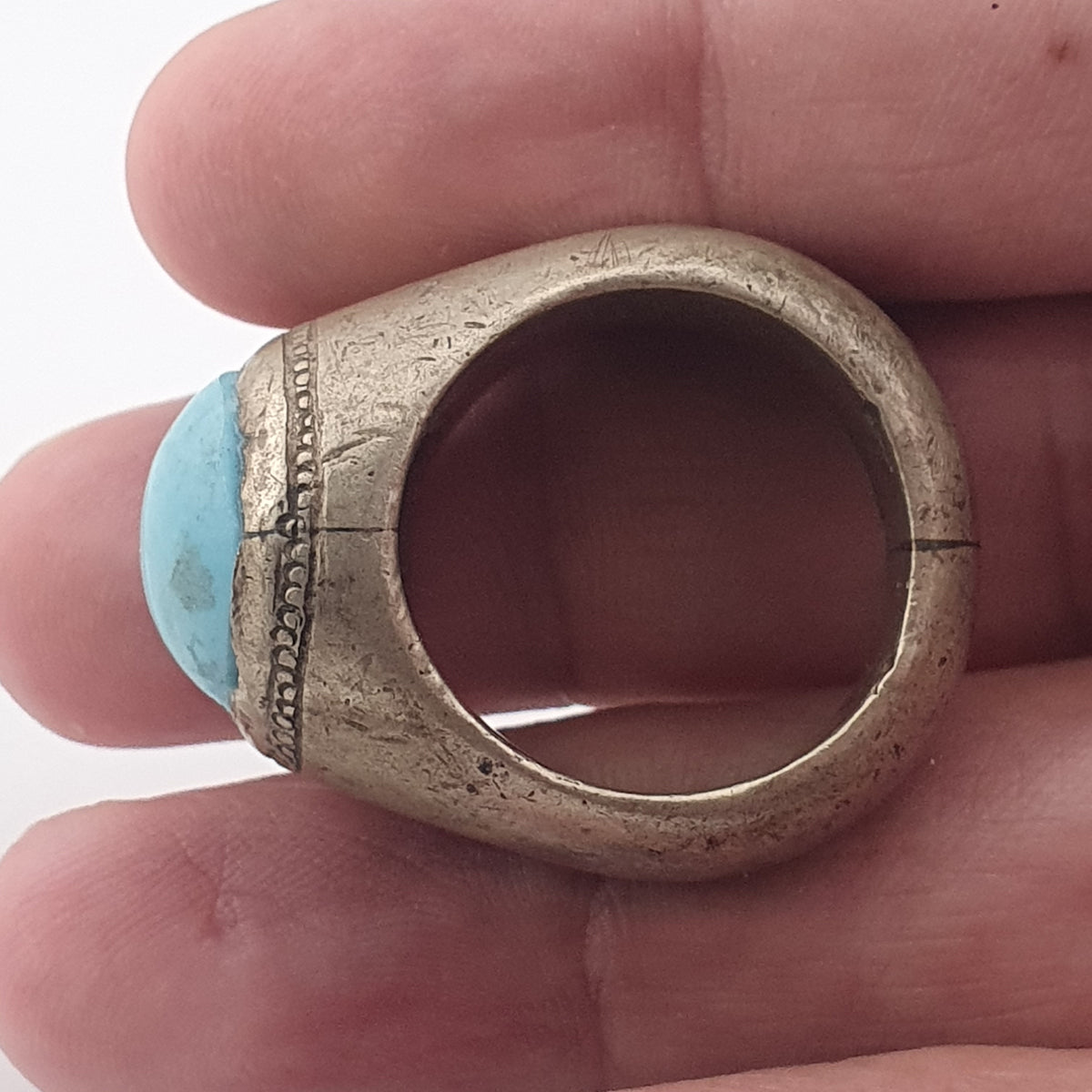 Antique Style Chunky Brass Ring featuring a Large Turquoise Colour Howlite Stone