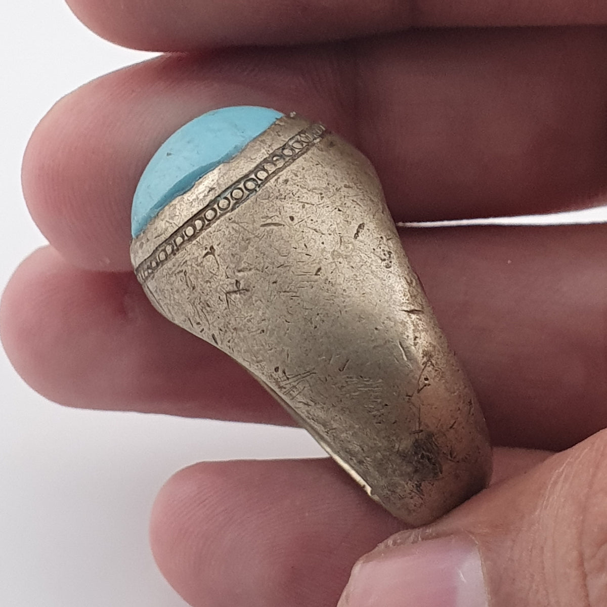 Antique Style Chunky Brass Ring featuring a Large Turquoise Colour Howlite Stone