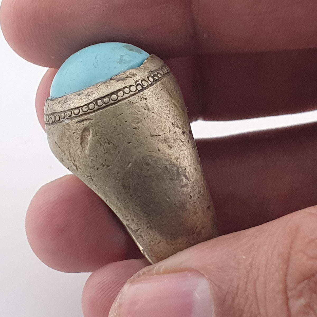 Antique Style Chunky Brass Ring featuring a Large Turquoise Colour Howlite Stone