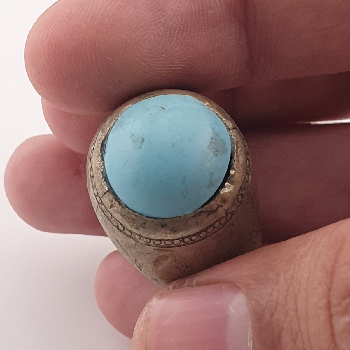 Antique Style Chunky Brass Ring featuring a Large Turquoise Colour Howlite Stone
