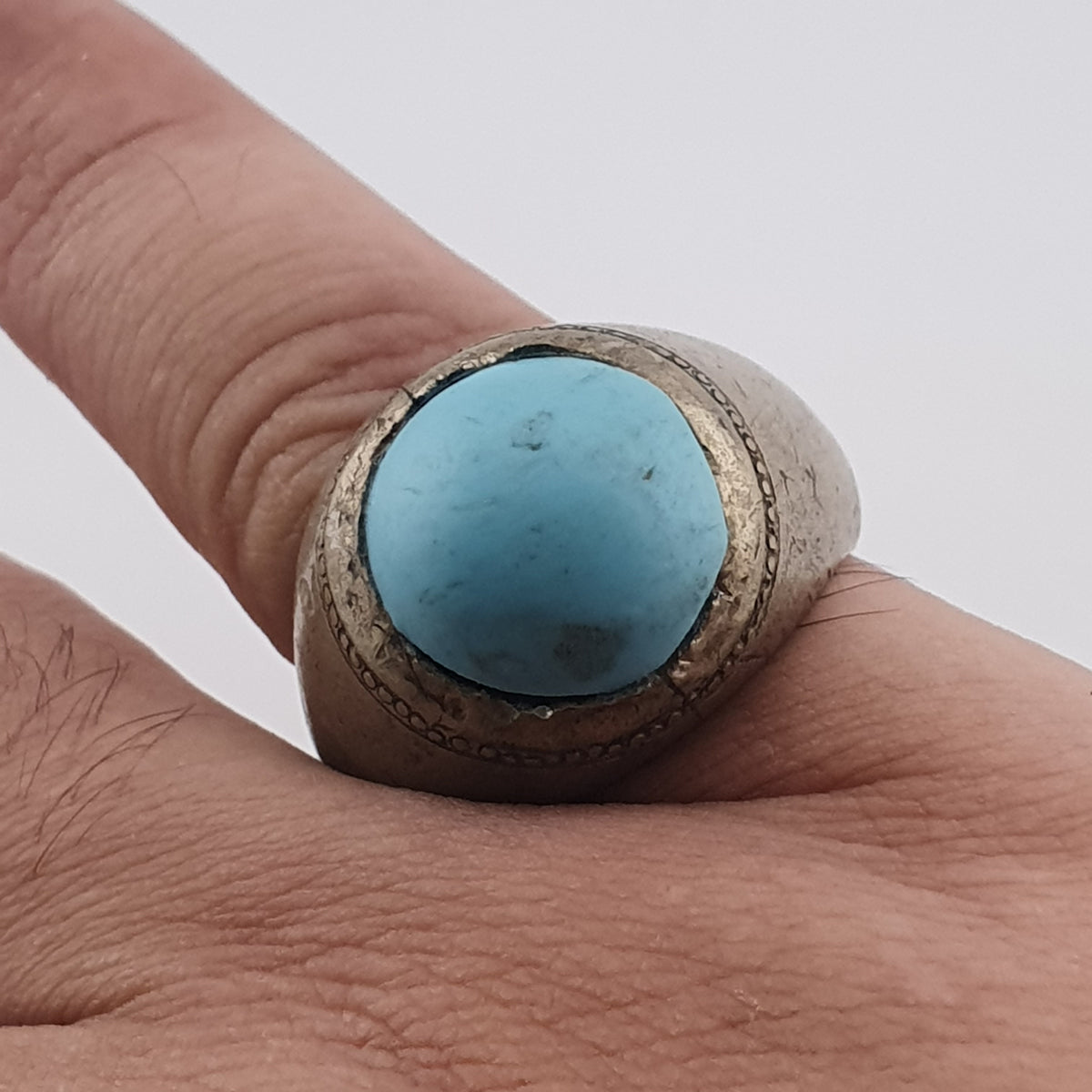 Antique Style Chunky Brass Ring featuring a Large Turquoise Colour Howlite Stone
