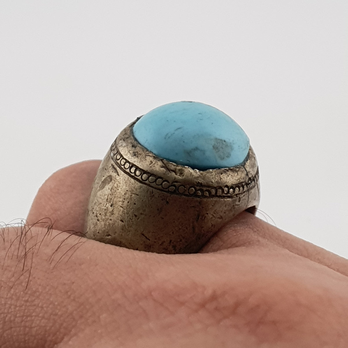 Antique Style Chunky Brass Ring featuring a Large Turquoise Colour Howlite Stone