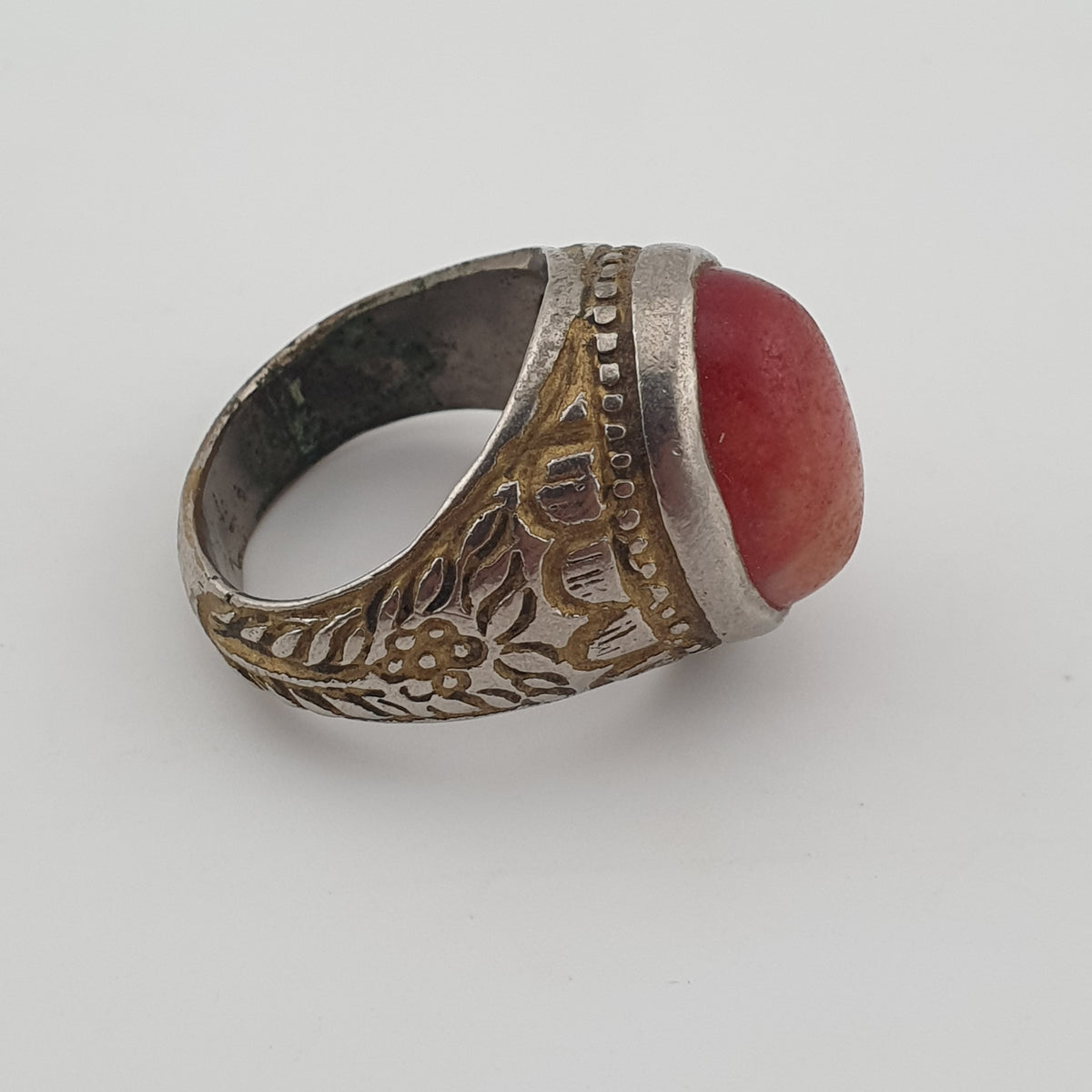 Antique Handmade Brass Ring with Natural Agate Stone Rustic