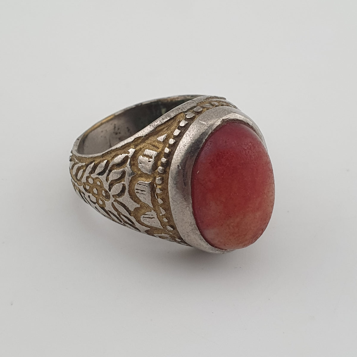 Antique Handmade Brass Ring with Natural Agate Stone Rustic