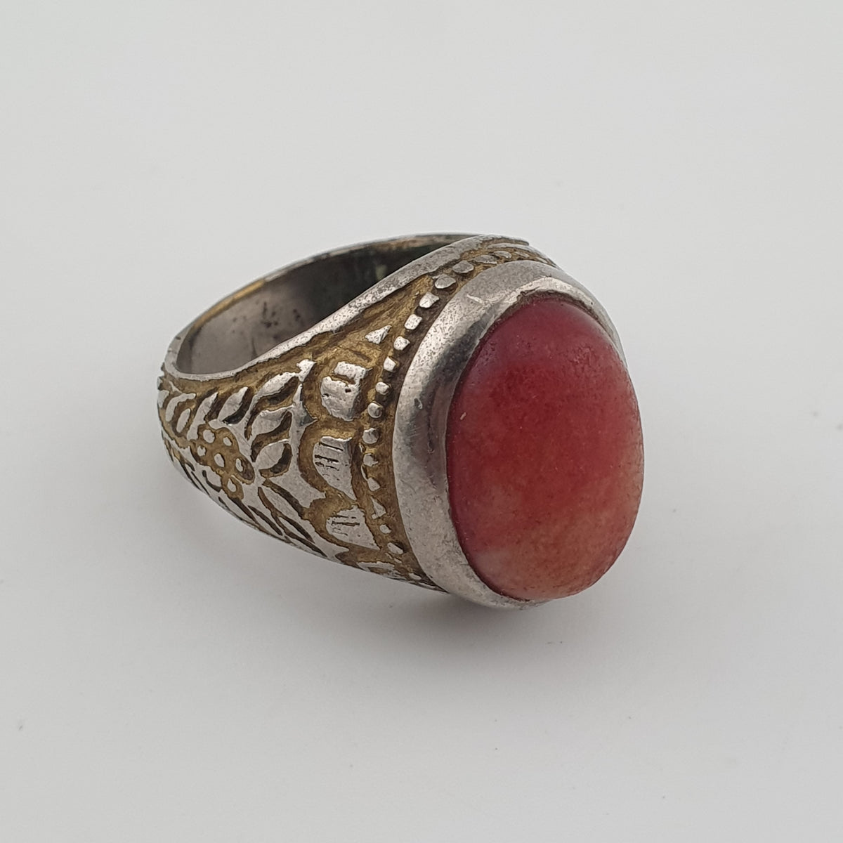 Antique Handmade Brass Ring with Natural Agate Stone Rustic