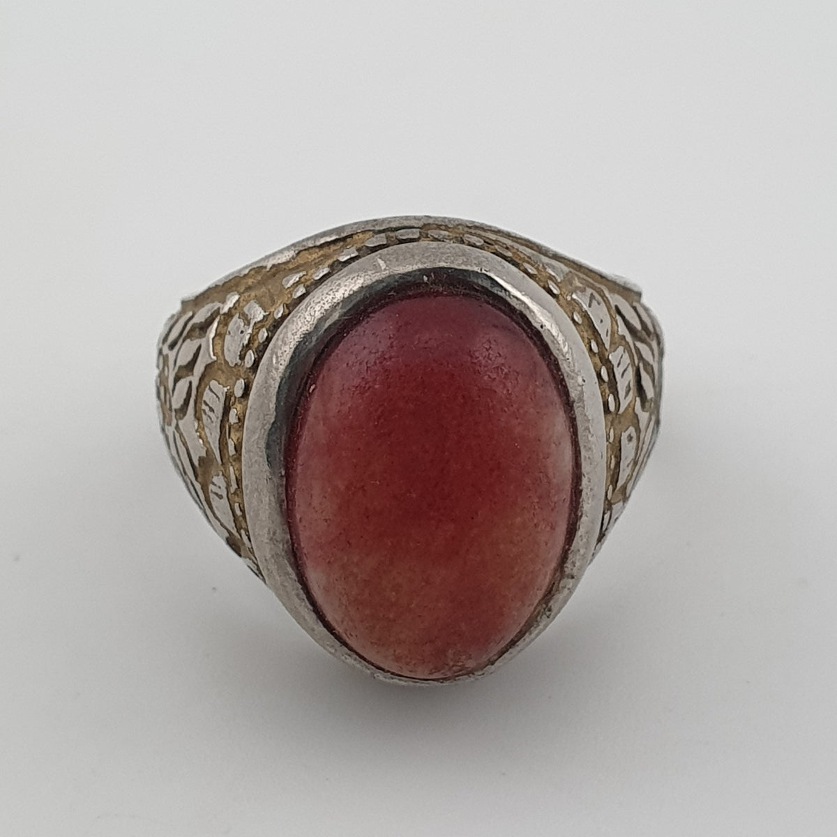 Antique Handmade Brass Ring with Natural Agate Stone Rustic