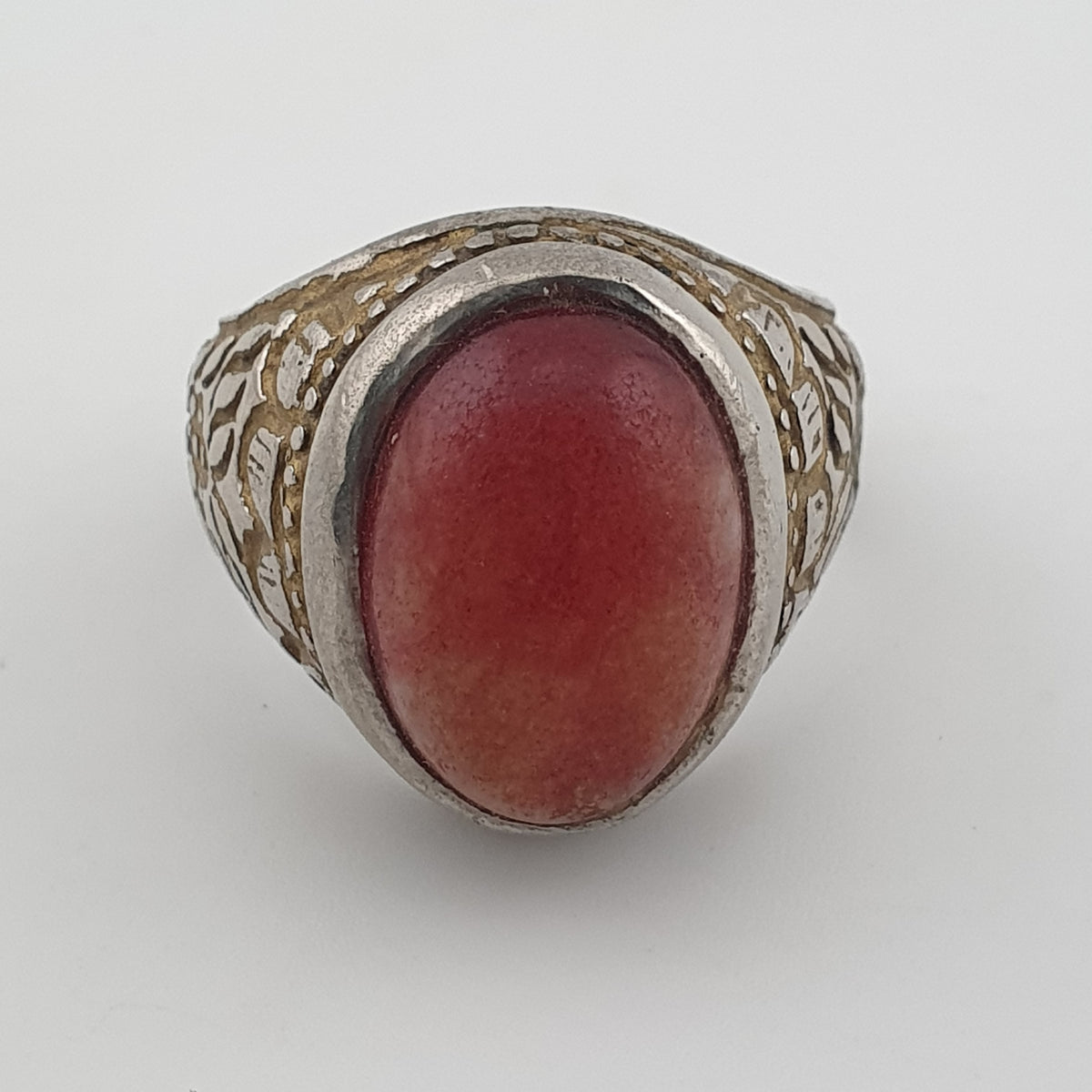 Antique Handmade Brass Ring with Natural Agate Stone Rustic