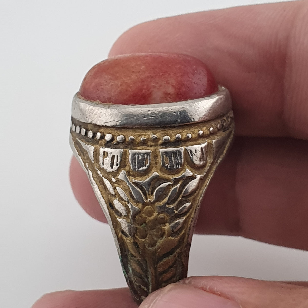 Antique Handmade Brass Ring with Natural Agate Stone Rustic