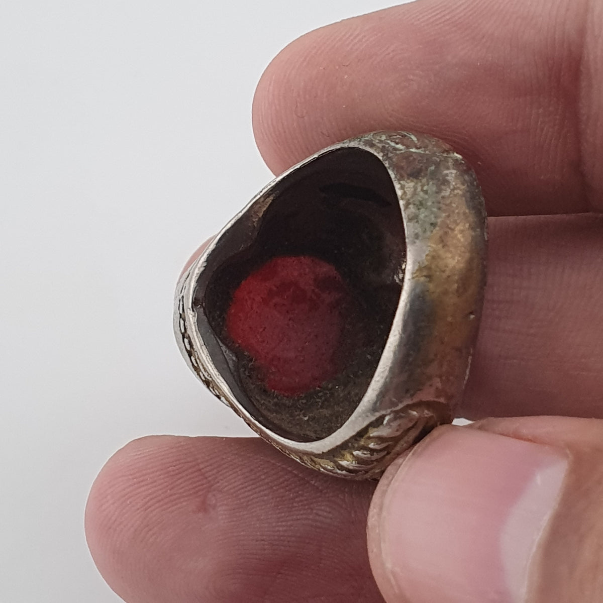 Antique Handmade Brass Ring with Natural Agate Stone Rustic