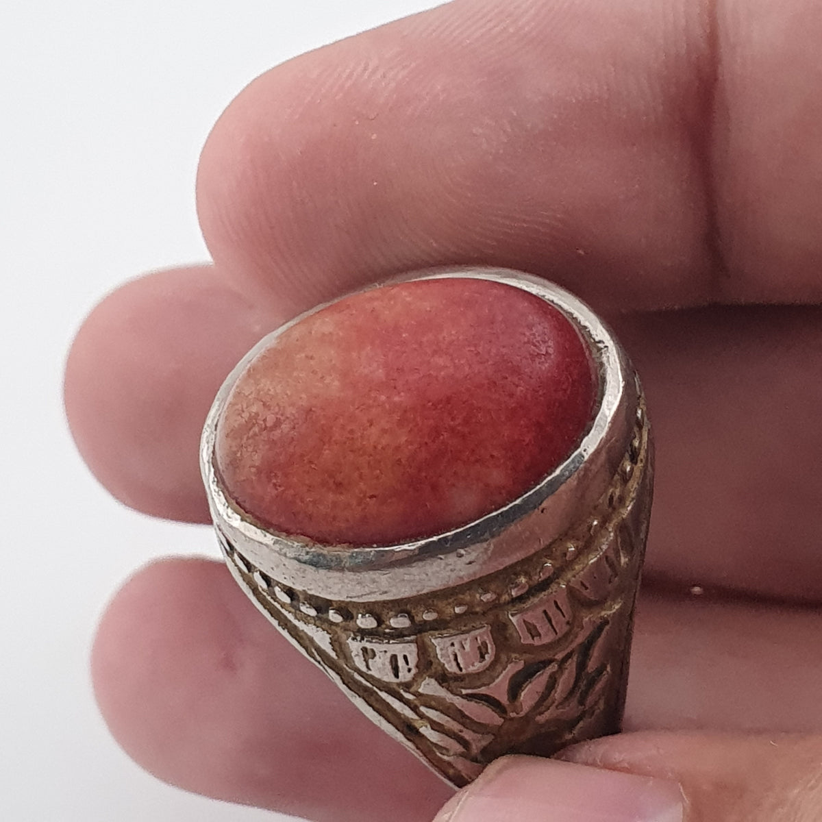 Antique Handmade Brass Ring with Natural Agate Stone Rustic