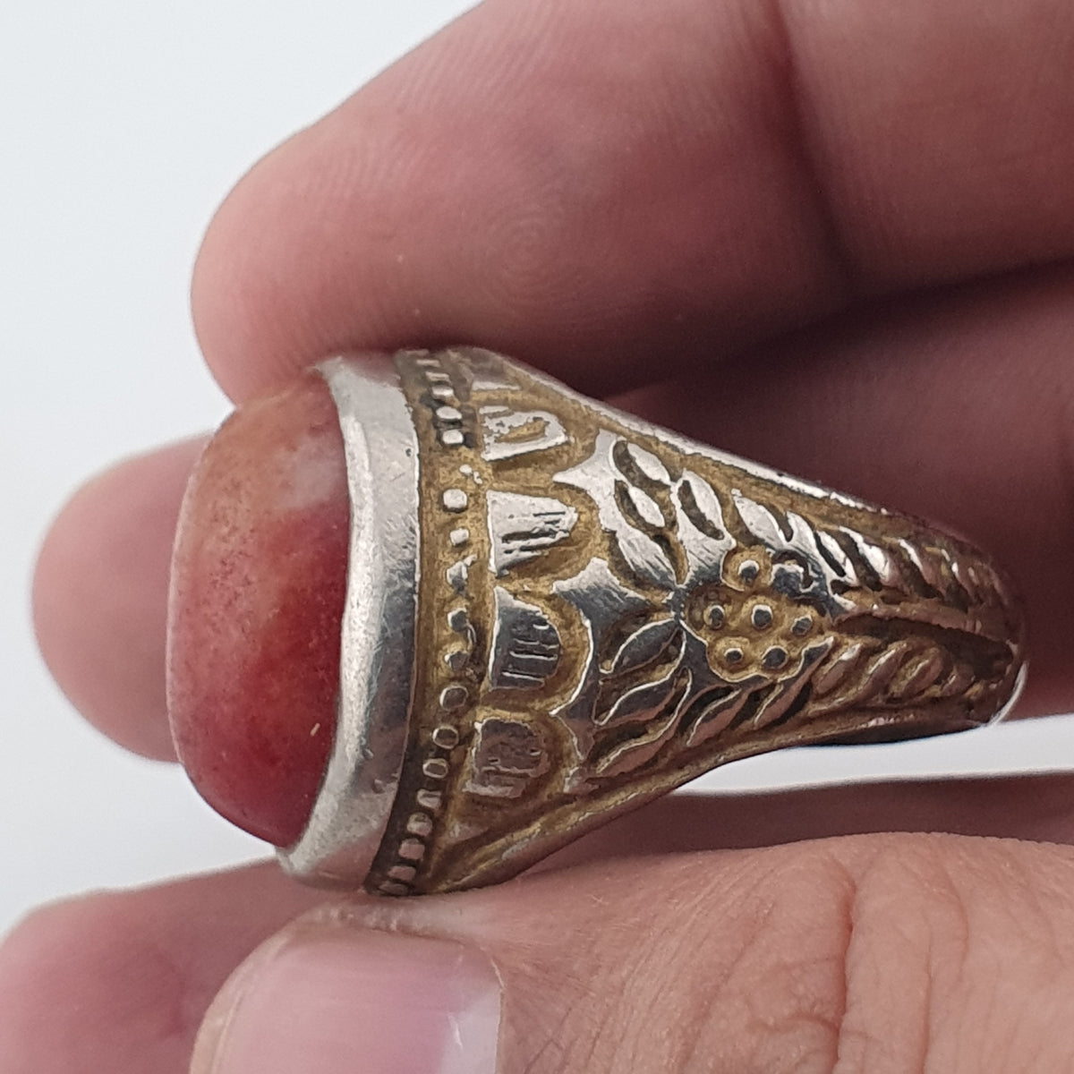 Antique Handmade Brass Ring with Natural Agate Stone Rustic