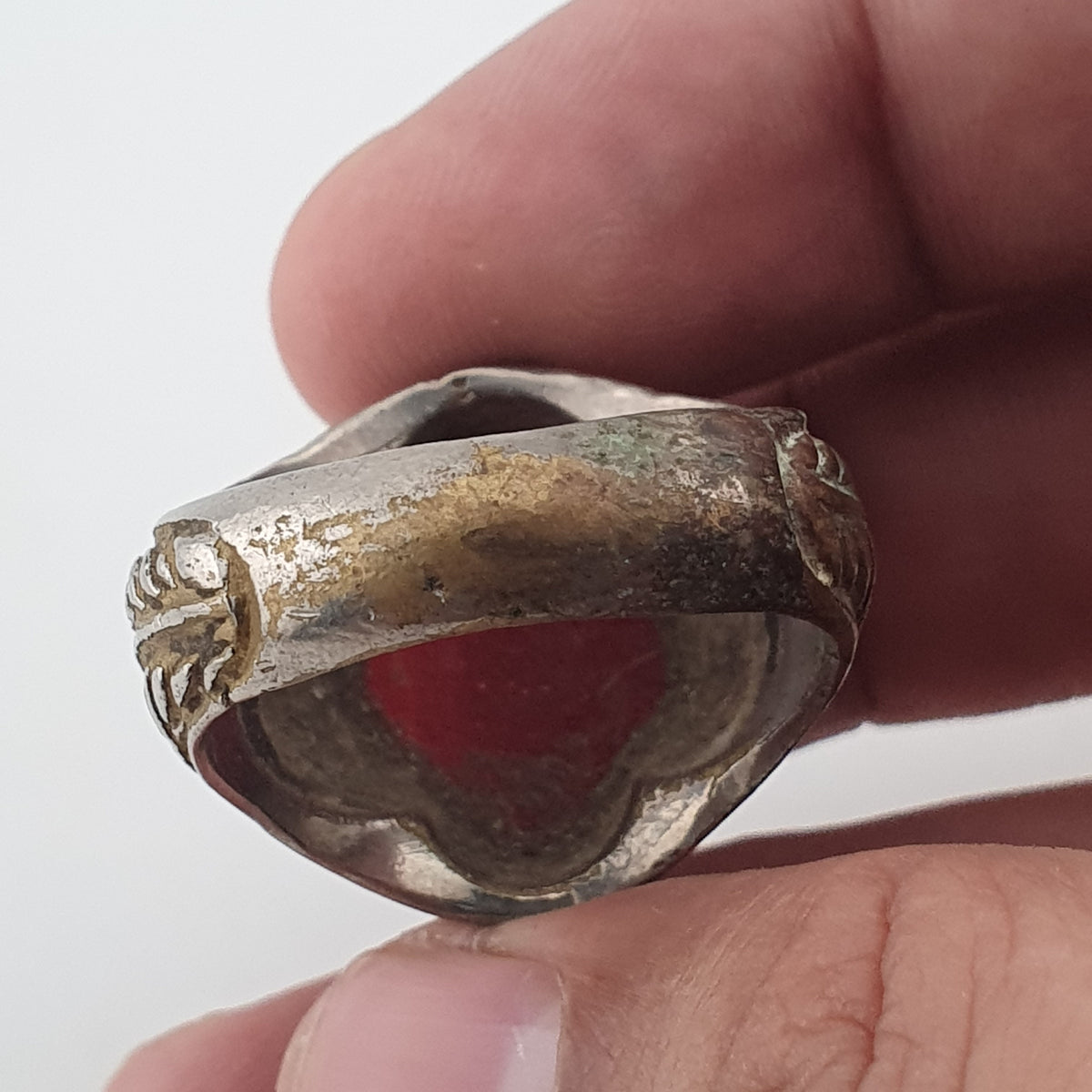 Antique Handmade Brass Ring with Natural Agate Stone Rustic