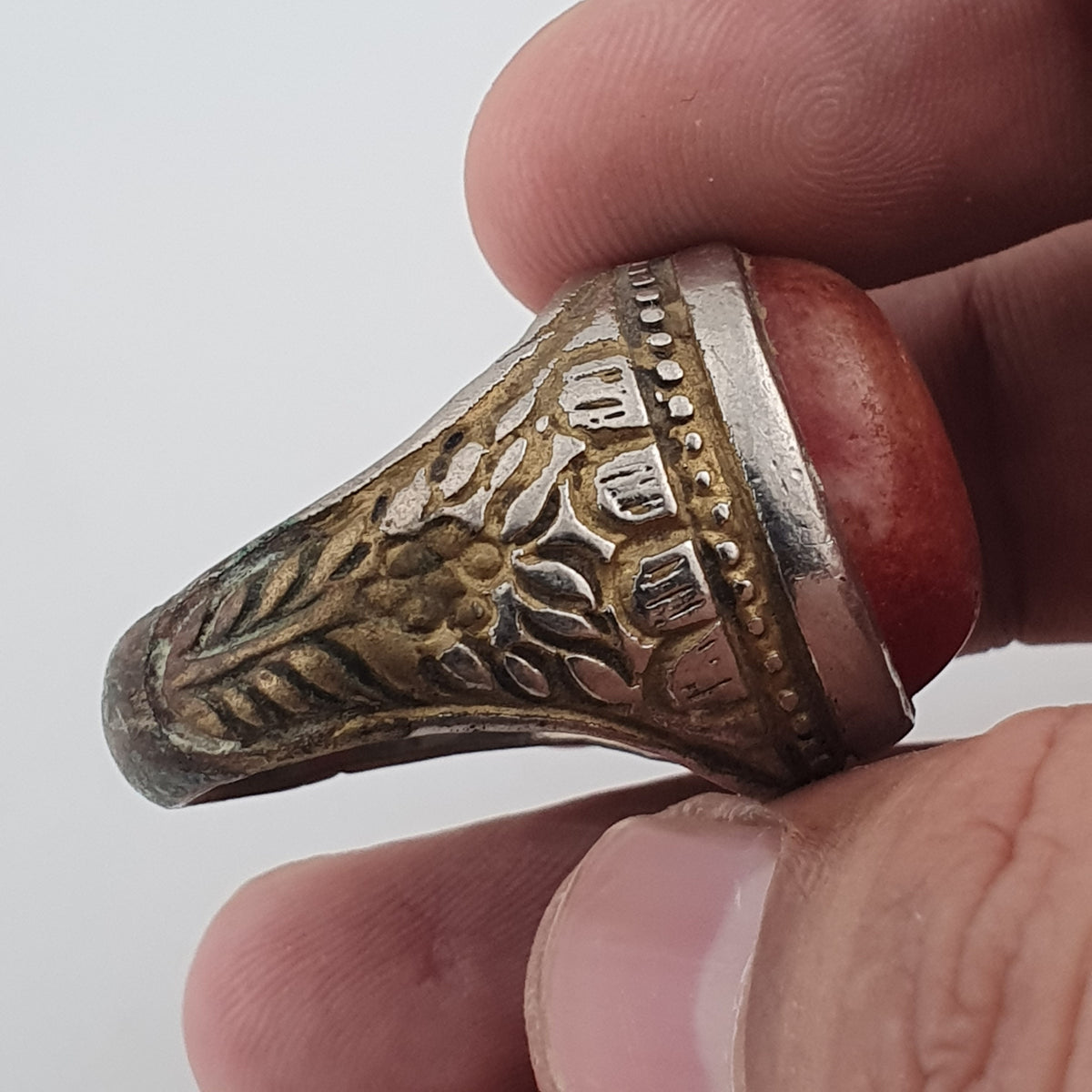 Antique Handmade Brass Ring with Natural Agate Stone Rustic