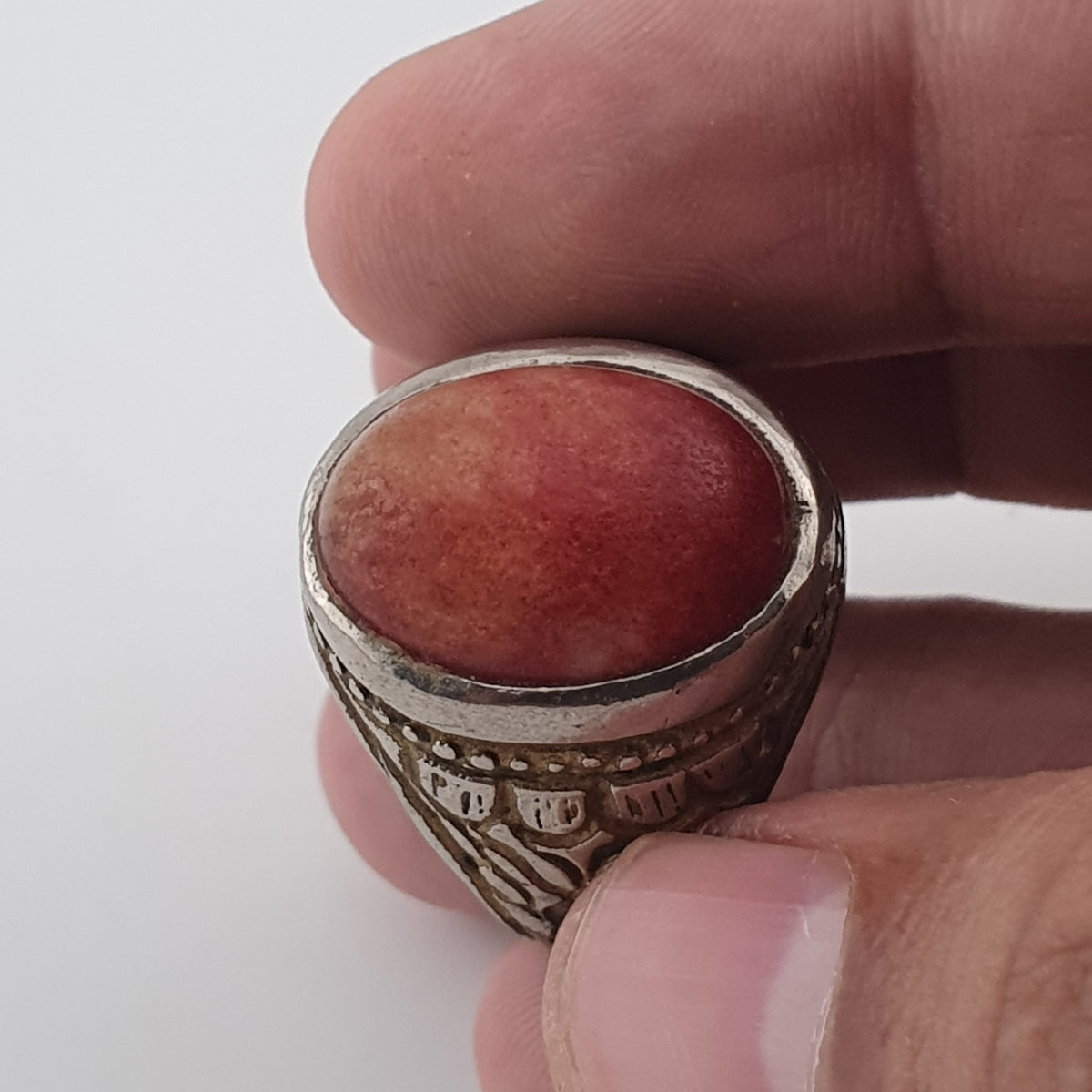 Antique Handmade Brass Ring with Natural Agate Stone Rustic