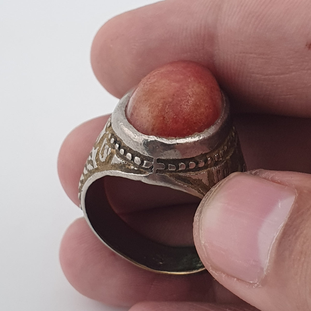 Antique Handmade Brass Ring with Natural Agate Stone Rustic