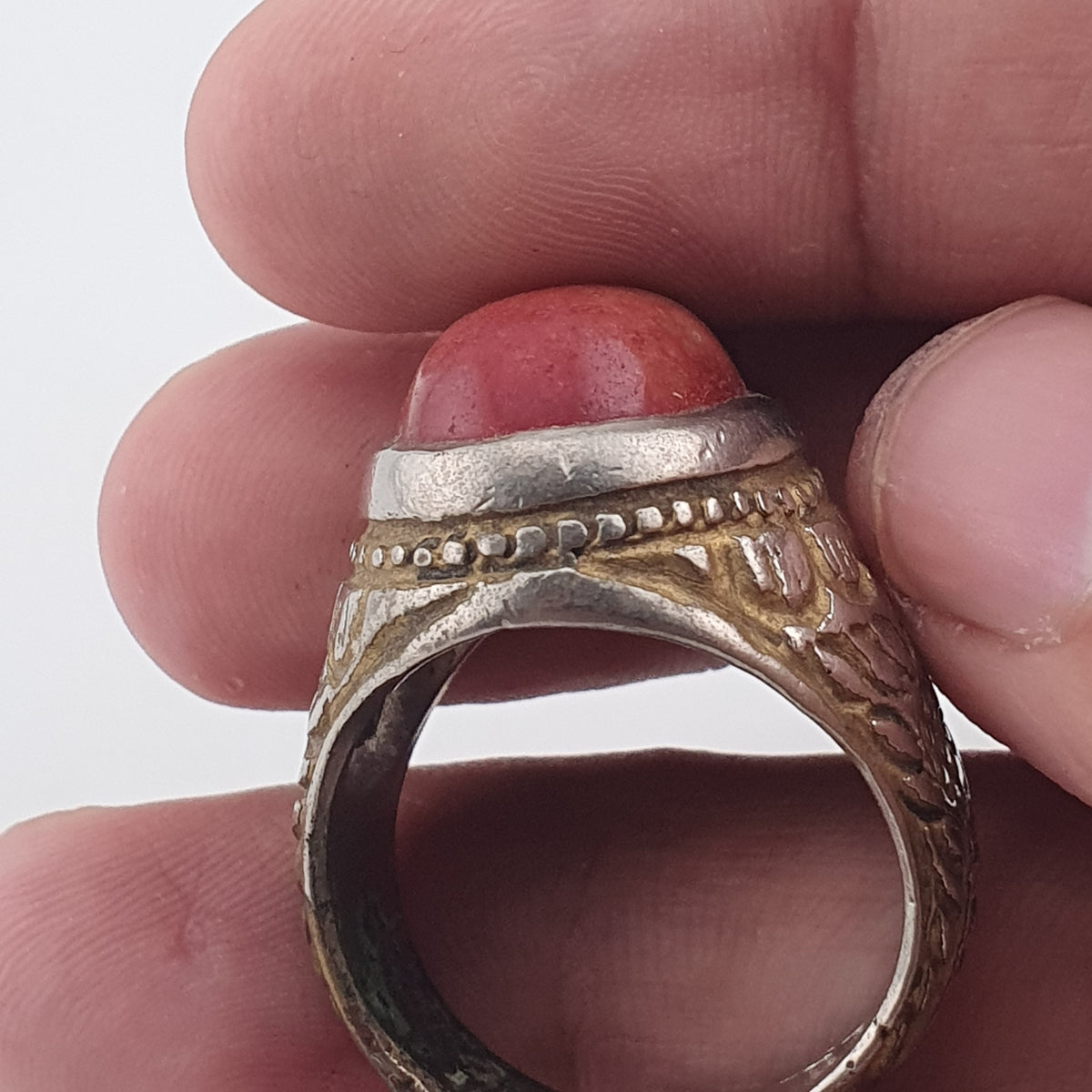 Antique Handmade Brass Ring with Natural Agate Stone Rustic
