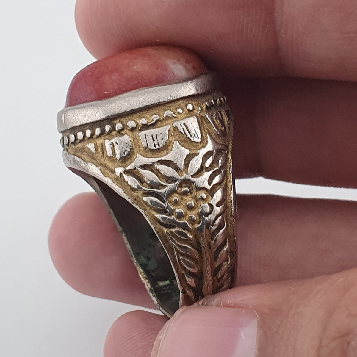 Antique Handmade Brass Ring with Natural Agate Stone Rustic