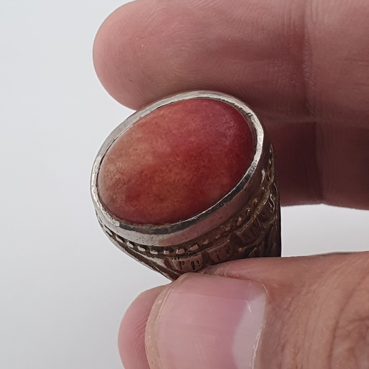 Antique Handmade Brass Ring with Natural Agate Stone Rustic
