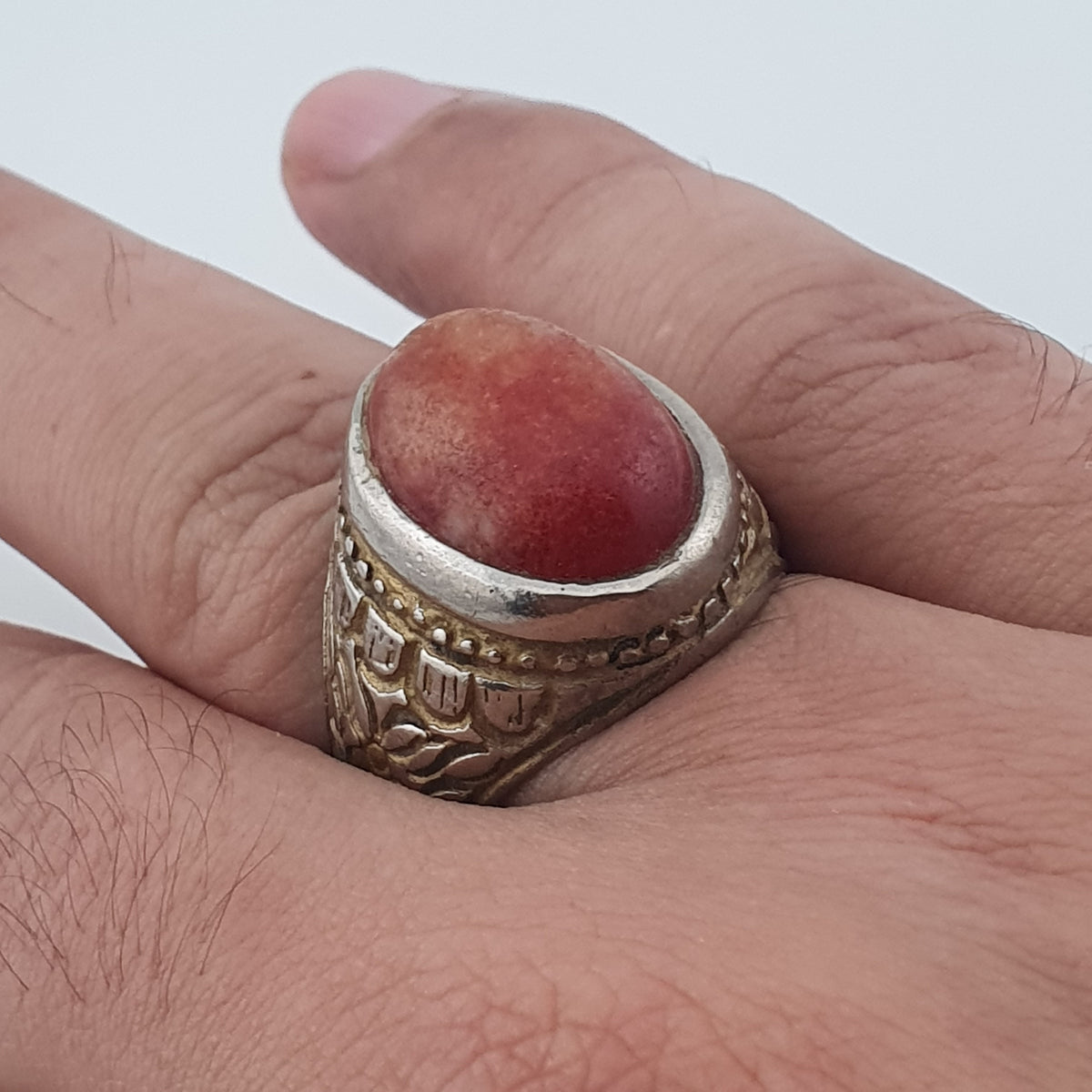 Antique Handmade Brass Ring with Natural Agate Stone Rustic