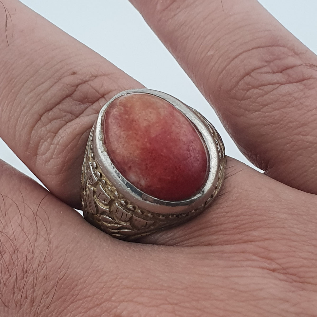 Antique Handmade Brass Ring with Natural Agate Stone Rustic